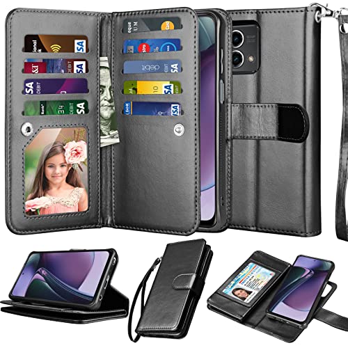 NJJEX Wallet Case for Motorola Moto G Stylus 2024 5G, for Moto G Stylus 2024 5G Case, [9 Card Slots] PU Leather Credit Holder Folio Flip [Detachable] Kickstand Magnetic Phone Cover & Lanyard [Black]