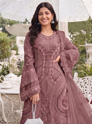 Image of RUDRAPRAYAG Women's Georgette Fabric Wih Embroidered Sequence Work And On Neck Moti Hand Work Semi Stitched Sharara Salwar Suit With Dupatta Set
