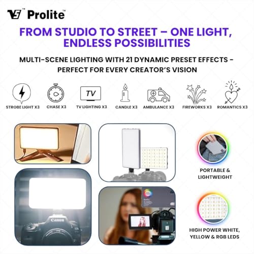 Image of Prolite RGB Pocket LED 12W Video Light with Built-in 4000mAh Rechargeable Battery, Type-C Charging Cable, OLED Display, 21 Light Effect, Hard Carry Case | 96 CRI, 360 Brightness & Color Control