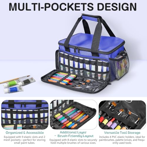 Image of ORKELS Craft Paint and Marker Organizer, Acrylic Paint Storage Bag with Brush and Bottle Holders, Large Marker Carrying Case for Artists (Purple)