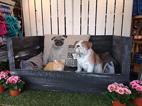 Kistenkolli Altes Land Hundebett Balu aus Holz mit Kissen 90x57x45cm Hundekorb Hundekissen Schlafplatz Vintage Hundesofa draußen Outdoor hundelounge Bett (90x57x45cm, Shabby Schwarz)
