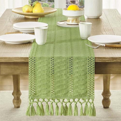 Image of ZeeMart Macrame Style Boho Table Runner, Sage Green Table Runners 36 Inches Long, Farmhouse Woven Home Decor, 12x36 Inch, Green