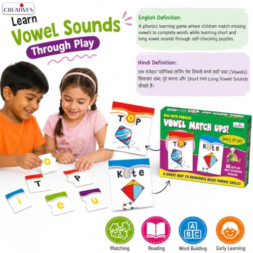 Image of Creative's Fun with Phonics Vowel Match-Ups for Kids Ages 4+ Years, 25 Two-Piece Puzzles, Short & Long Vowel Sounds, Spelling, Phonics Reading & Word Building Game