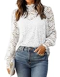 HOTOUCH Lace Tops for Women Sheer Mesh Long Sleeve Blouses Dressy Casual Mock Neck Puffy Sleeve Shirts with Cami White S