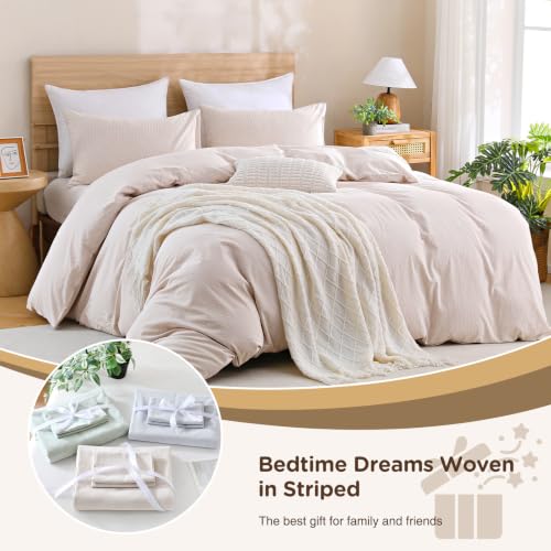 Image of TOCOMOA Brown Striped Duvet Cover Bedding Set 100% Washed Cotton Like Linen Feel Super Soft Comfy 3 Piece Tan Pinstriped Fall Comforter Cover Set (King 104 inchx90 inch, Comforter Not Included)