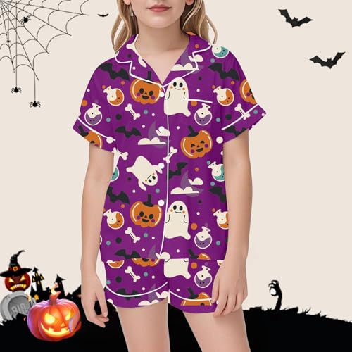 Satin 𝑷ajamas for Girls Halloween Pumpkin Ghost Print 𝑷js 2 Piece Short Sleeve Button Down Shirt and Shorts Outfit2