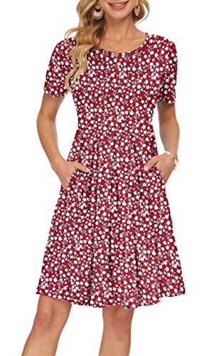 AUSELILY Women's Short Sleeve Summer Dress Pleated Loose Swing Knee Length Dresses with Pockets 2025 New Red Flowers L