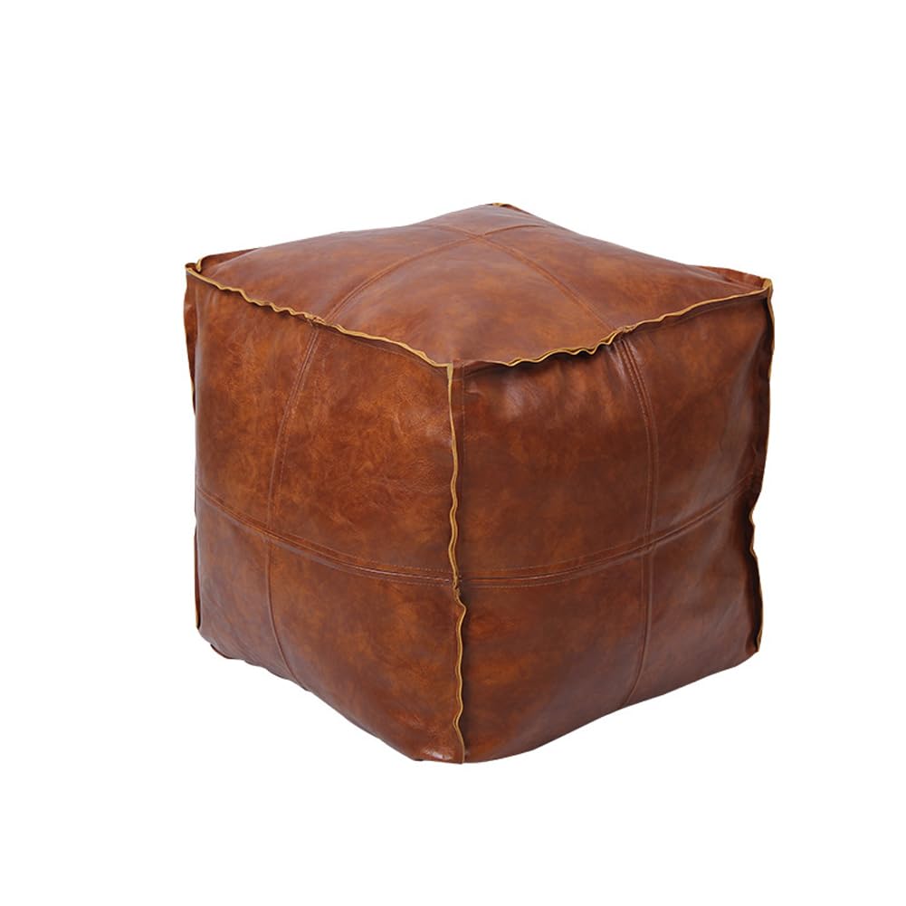 MOTTK Square Pouf Ottoman Cover without Filler,Waterproof Faux Leather Foot Stool,Cube Bean Bag Cover Vintage Foot Rest,Stuffed Animal & Plush Toy Storage