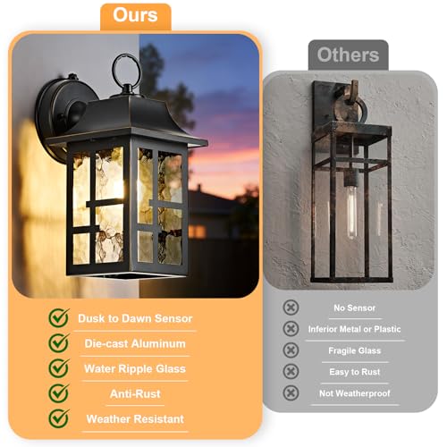 Image of OKELI 2-Pack Dusk to Dawn Exterior Lighting Fixture, Farmhouse Outdoor Wall Lights with Ripple Glass, Aluminum Porch Light Wall Mount, Anti-Rust Outside Wall Sconce for House, Garage(Black&Gold-Trim)
