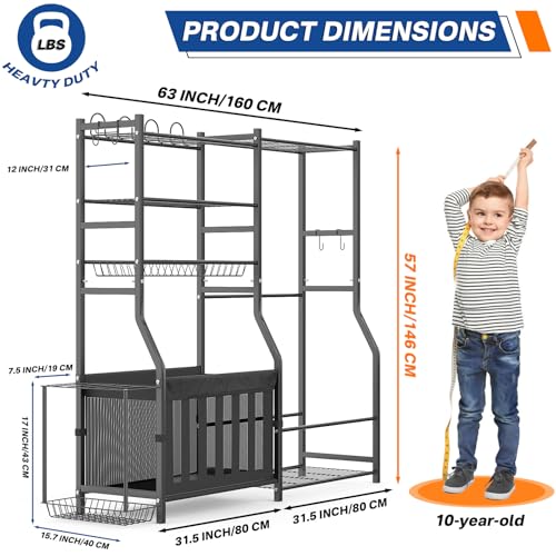 Image of Heavy Duty Garage Sports Equipment Organizer, All-in-One Golf Bag Storage Rack & Multi-Sport Ball Holder for Basketballs, Bats & Kids Toys, Indoor /Outdoor Free Standing Gear Bin