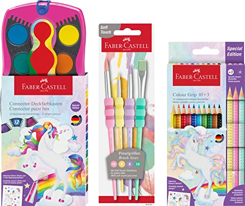 Faber-Castell Farbkasten Connector 12 Farben Einhorn Pink Special Edition - Colour Grip 10 + 3 Buntstifte - Soft Touch Pinsel