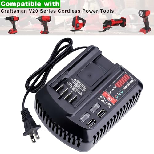 Image of V20 Battery Fast Charger CMCB104 Replacement for Craftsman V20 20V max Lithium Battery Charger for CMCB201 CMCB202 CMCB204 CMCB205 CMCB206, with 2 USB Ports