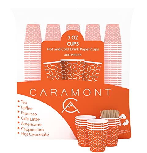 Caramont,7 Oz 400 Gobelets en Carton avec Agitateurs en Bois,Écologique et Jetables,Résistant à la Chaleur,pour la Boisson Froide et Chaude en Carton de Qualité,Ideal pour Café,Thé,Anniversaire,etc Cover