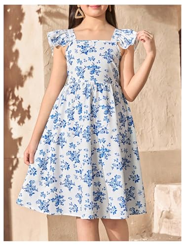 Girl's Floral Print Bowknot Backless A Line Dresses Ruffle Cap Sleeve Cute Knee Length Dress2