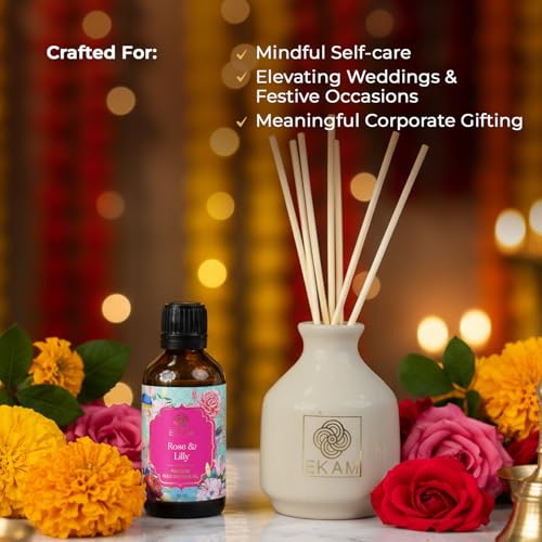 Image of EKAM Reed Diffuser Set 50ml | Rose & Lily Aroma Diffuser with 8 Reed Sticks | Long-Lasting, Smoke-Free Room Freshener | Stress Relief & Aromatherapy | Ideal for Festivals, Home Decor,Office & Gifting