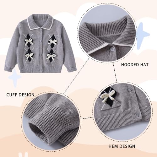 Kids Girl Cardigan Sweater, Long Sleeve Knit School Uniform, Grey V Neck Button Cute Outerwear for 2-7T3