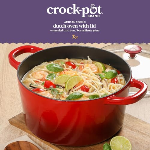 Image of Crock Pot Artisan 7-Quart Round Enameled Cast Iron Dutch Oven With Oven Safe Borosilicate Glass Lid, Heavy-Duty Cookware for Baking, Roasting & Slow Cooking, Red