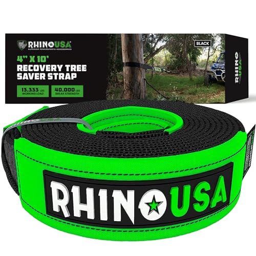 Rhino USA Tree Saver Tow Strap (4 x 10) - 40 320lb Break Strength - Emergency Recovery Strap Winch Extension for Truck UTV ATV & More - Heavy Duty Straps Compatible with Jeep Ford Toyota (Black)