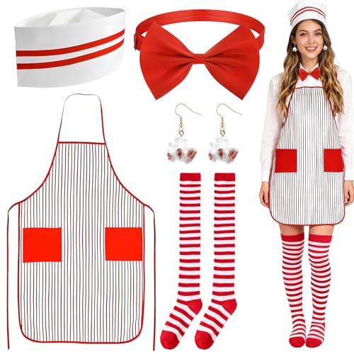 Ourdort Disfraz de palomitas de maíz, disfraz de camarero en estilo de los años 50, medias a rayas por encima de la rodilla, delantal, gorro de cocinero, pajarita y pendientes de palomitas de maíz