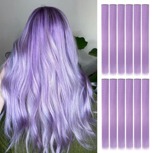 YaFex 12 Pcs Clip in Hair Extensions 22 Inch Colored Hair Extensions Party Highlights Long Straight Synthetic Hairpieces for Women (Light Purple)