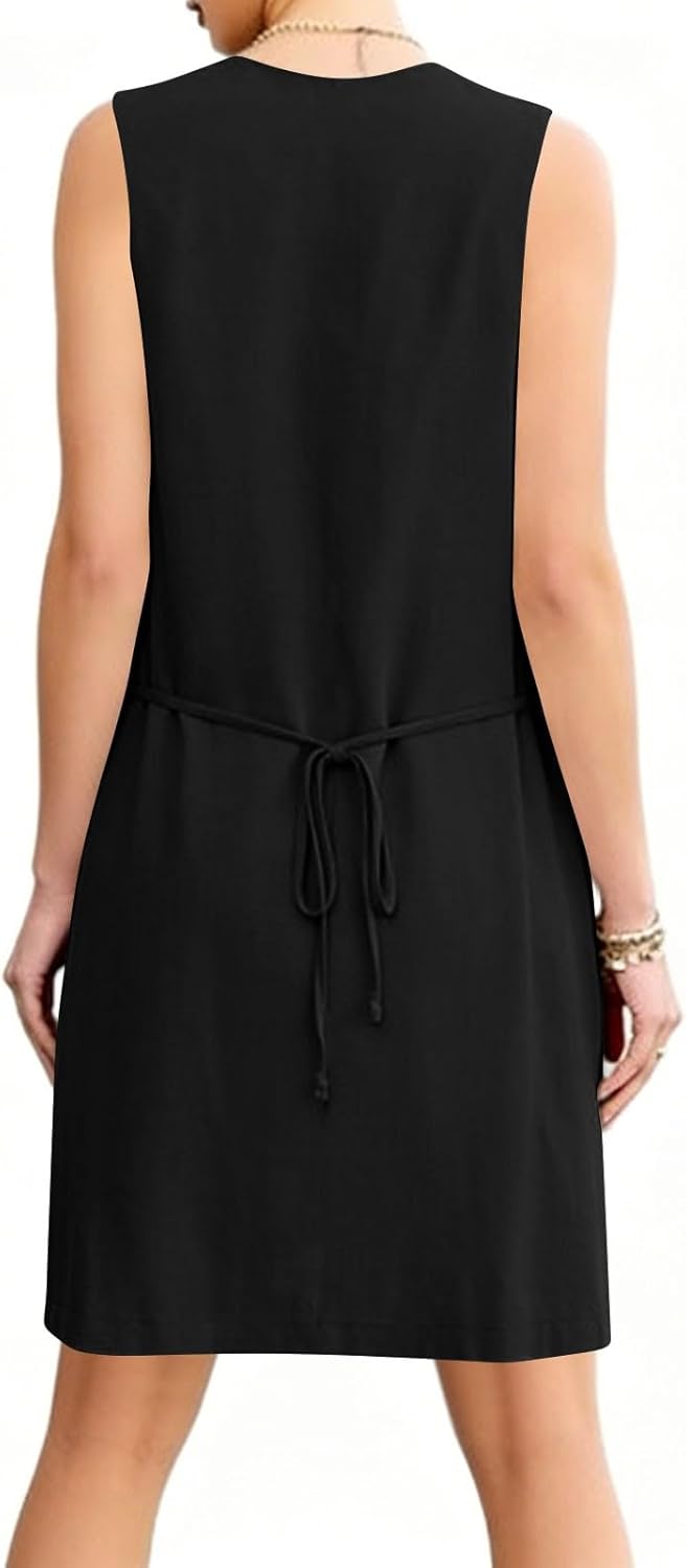 Women's Button Down Linen Dresses Sleeveless V Neck Mini Shirt Dresses Lightweight Summer Casual Dress with Pocket