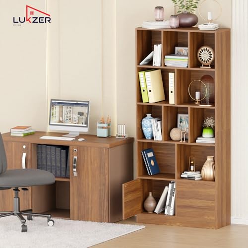 Image of Lukzer Bookshelf & Storage Organizer with Push Latch Doors Cabinet | Modern Engineered Wood Multipurpose Bookcase Display Rack for Home & Office | DIY Assembly (MR-033 /Oak Brown /157x80x30 cm)