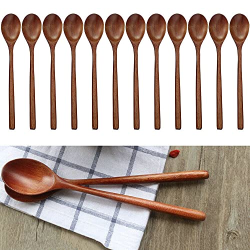 Image of TEAMWILL Wooden Spoons, 12 Pieces 9 Inch Wood Soup Spoons for Eating Mixing Stirring, Long Handle Spoon with Japanese Style Kitchen Utensil