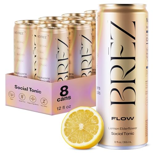 BRZ FLOW Alcohol Alternative Drink Non Alcoholic Sparkling Drink with Lions Mane Mushroom Lemon Elderflower Adaptogen Beverage for Mood & Focus Alcohol Alternatives with a Buzz 8 Pk 12 Fl Oz