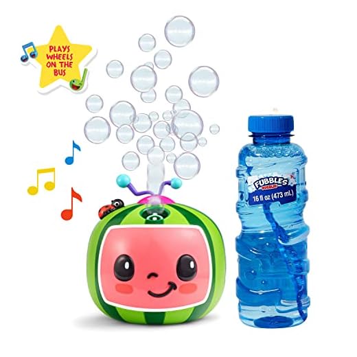 CoComelon NO Spill Musical Bubble Machine | Bubble Toy for Baby, Toddlers and Kids | Amazon Toys Exclusive with 16 oz of Extra Bubble Solution (Bubble Solution Bottle Colors Will Vary)