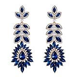 BriLove Women's Pierced Dangle Earrings Wedding Bridal Crystal Marquise Halo Chandelier Navy Blue Gold-Toned