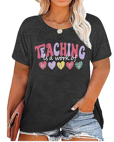 Plus Size Teacher Shirts Teaching is A Work of Heart Letter Print T-Shirt Teacher's Day Gift Summer Short Sleeve Tee Tops