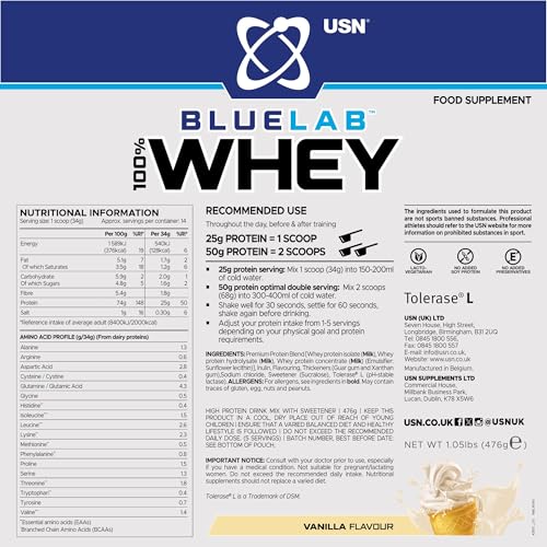 USN Blue Lab Whey Protein Powder, Vanilla Flavour - 476g (14 Servings), Premium Whey Isolate Protein Dietary Supplement, Post Workout Lean Muscle Growth BCAA Amino Acids Powder - Image 3