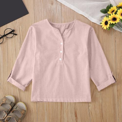 Girls Long Sleeve Henley Shirt Teen Button Down Cotton Linen Blouse Plain V Neck Shirts Loose Casual School Tops3