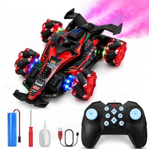 Image of Remote Control Stunt Drift Car with Double Spray Mist, 360 Rotation, LED Lights, Music, 2.4GHz RC, Rechargeable Battery, All Terrain Racing Toy Car for Kids Boys & Girls 3+ Years