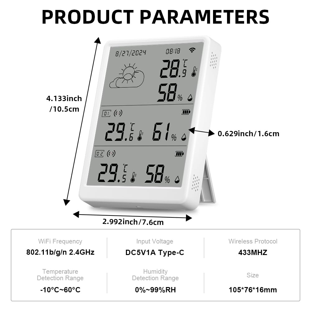 Kits de sensores de temperatura Wi-Fi, kit de termómetro e higrómetro inteligente TUYA con 2 sensores inalámbricos, monitor inteligente de temperatura y humedad con notificaciones en la aplicación
