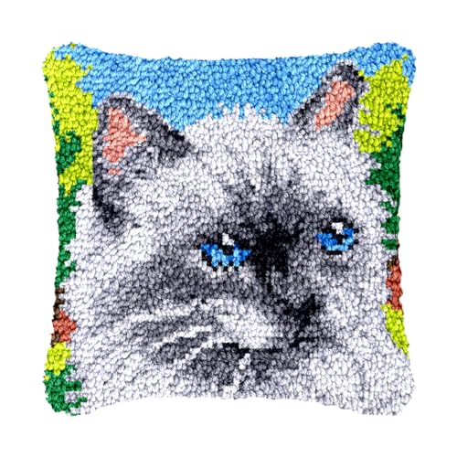 Image of bositigo Cat Latch Hook Pillow Kit for Adults & Kids, DIY Pre-Printed Canvas Craft, Decorative Latch Hook Pillow Cover for Cushions, Bedroom Decor (Cat Pattern 4)