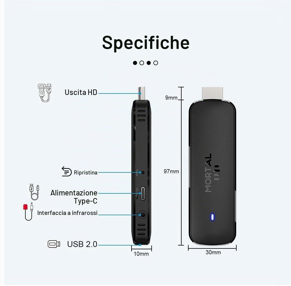 Mortal Q8 TV Stick 8K, Android 14.0, Streaming Media Player con telecomando, HDMI, USB 2.0, Type-C, interfaccia a infrarossi