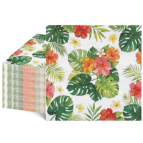 NatNarr 100pcs Hawaiian Napkins 2-Ply Tropical Paper Napkins Disposable Luau Hibiscus Floral Cocktail Napkin for Aloha Birthday Decorations Summer BBQ Pool and Beach Party 5 Inch