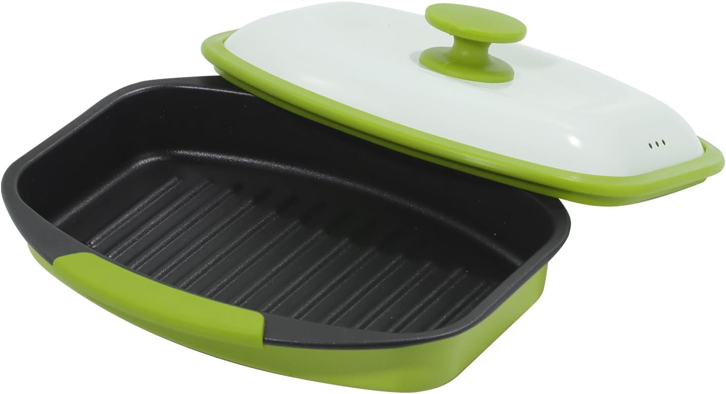Quick-Heat 39 OZ Microwave Bacon Cooker & Grill Pan with Lid | Multi-Purpose Microwave Cookware for Grilling, Frying, Baking | Portable & Dishwasher Safe for Kitchen, RV, Office, Dorm(Green)