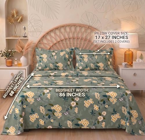 Image of HOMEKART Floral Printed King Size Cotton Bedsheet with 2 Pillow Covers | Luxury Double Bed Bedding Set 86x88 Inches | Ultra Soft, Breathable & Wrinkle Resistant & Home Decor (Pastel Eucalyptus)