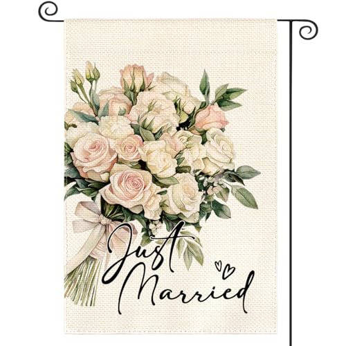 AVOIN colorlife Just Married Wedding Garden Flag 12x18 Inch Double Sided Outside, Floral Marriage Welcome Romantic Yard Outdoor Decoration