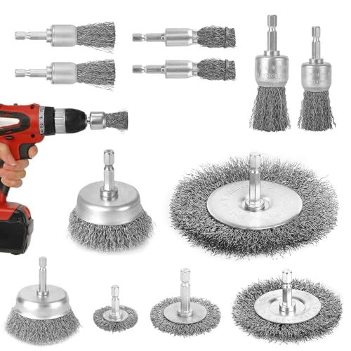 12 PCS Drill Wire Brush Set, Wire Brush for Drill - 1/4 inch Hex Shank, High Carbon Steel Wire Wheel for Drill, Ideal for Rust, Paint, Wood Cleaning & Stripping, Drill Attachment Set
