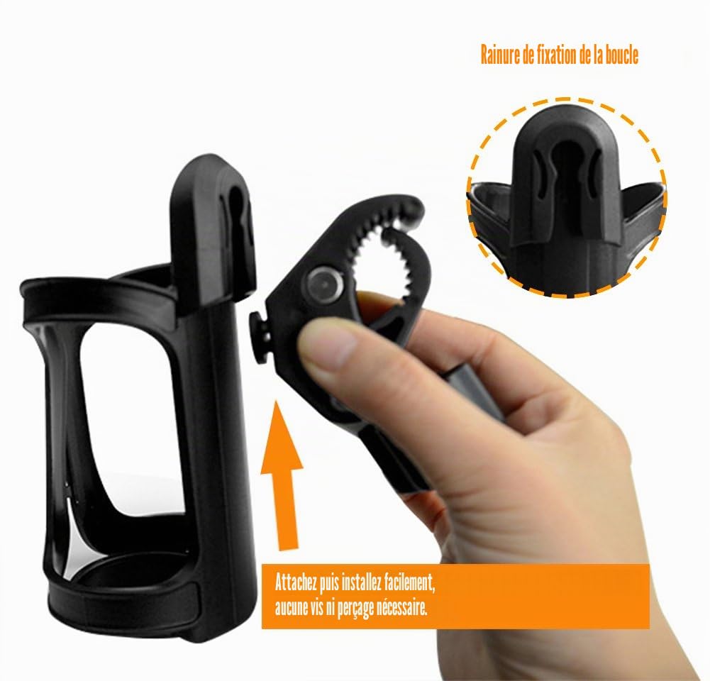 Porte-bouteille de vélo - 360 degrés de rotation - Noir - Compatible avec vélos, VTT, landaus et fauteuils roulants