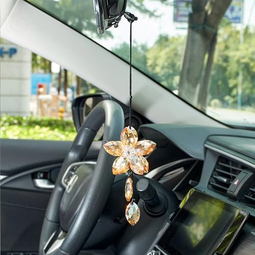 Image of Crystal Flower Car Rear View Mirror Hanging Ornament - Sparkles with Rainbows for a Sense of Luck and Happiness Car Interior Accessories (Champagne)