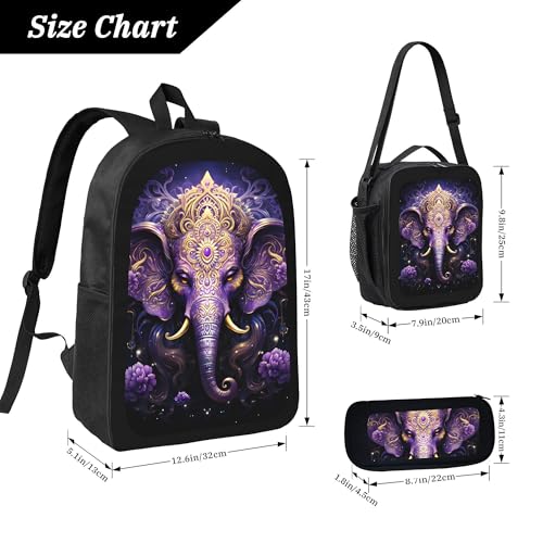 Animal Purple Elephant 3 Pcs 17 Inches Backpack Set With Insulated Lunch Bag And Pencil Pouch Large Back Pack For Men Women Lunchbox Pencil Case Waterproof Backpacks Lunch Box 3 Piece Daypacks4