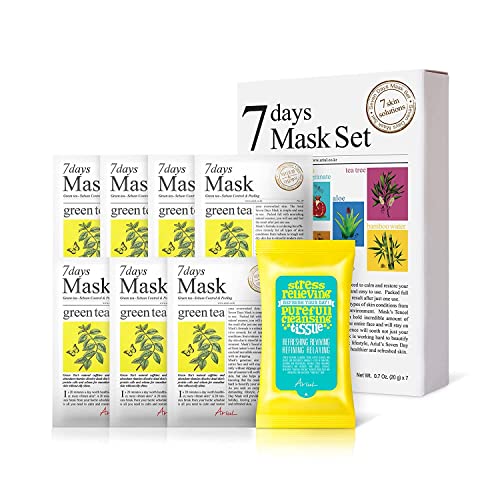 Ariul 7Days  Sheet Masks –  Antioxidant & Reduce Inflammation Korean Sheet Mask with Natural Essence for Skincare Routine, 100% Botanical Fiber Mask (Green Tea)