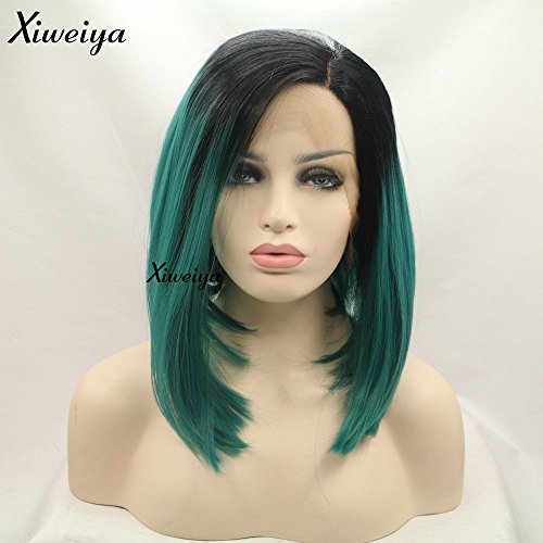 Xiweiya Short Bob Hair Lace Front Wig Ombre Green Straight Synthetic Lace Front Wig Heat Resistant Replacement Full Wig