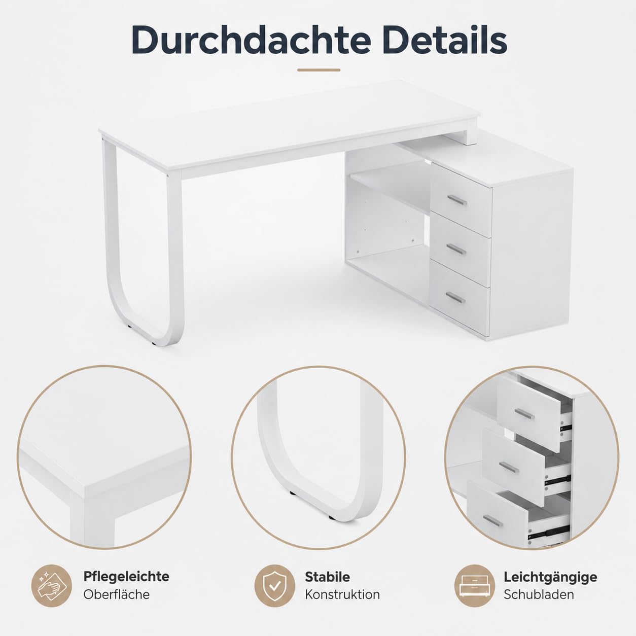 Schreibtisch Weiß mit 3 Schubladen und Regal, Computertisch mit Stauraum, Arbeitstisch für Homeoffice, Jugendzimmer und Büro, 140 x 105 x 75 cm