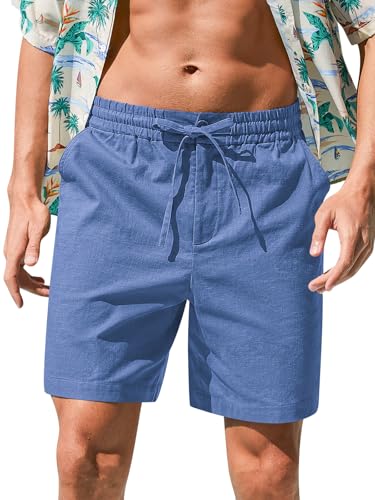 Image of RQP Mens Cotton Linen Shorts Casual Drawstring 7inch Inseam Shorts Stretch Summer Beach Wear