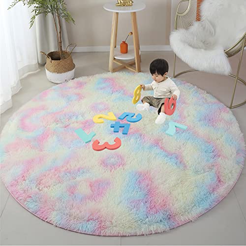 Fluffy Round Area Rug for Bedroom 120cm Soft Fuzzy Circle Rug for Kids Girls Baby Room Indoor Plush Circular Nursery Rugs Cute Modern Furry Rugs for Living Room Shaggy Carpet for Bedroom Rainbow
